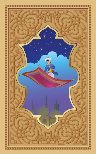 Aladdin with the magic lamp on a flying carpet