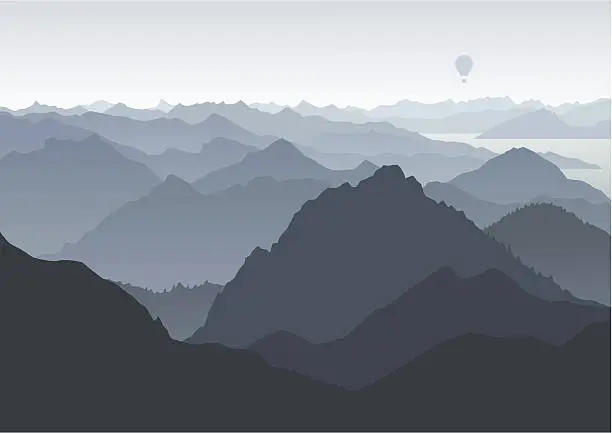 Vector illustration of Mountains landscape, birds eye view, balloon in the background