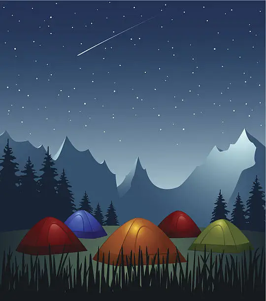 Vector illustration of Camp - colorful illuminated tents in the mountains at night