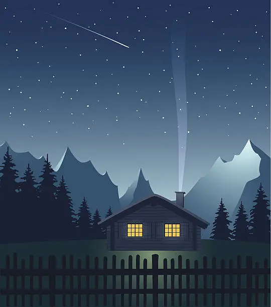 Vector illustration of Alpine hut in the mountains at night