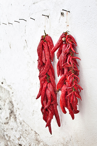Red peppers put to dry hanging from a whitewashed white wall in the south of Spain, in Andalusia-