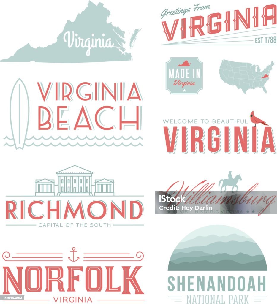 Virginia Typography A set of vintage-style icons and typography representing the state of Virginia, including Virginia Beach, Williamsburg, Richmond and Norfolk. Each items is on a separate layer. Includes a layered Photoshop document. Ideal for both print and web elements. Virginia - US State stock vector