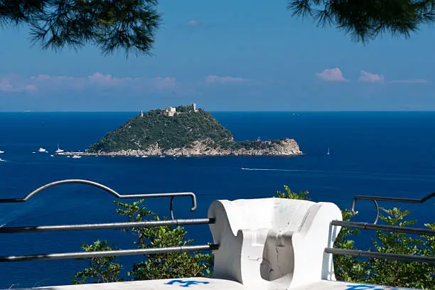 Panoramic view in Alassio. Looking at the isola gallinara in Liguria.