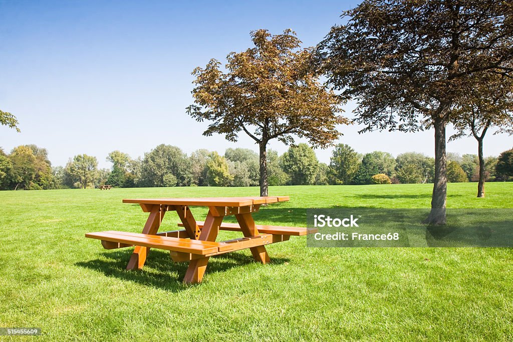 Picnic table on a green meadow Public Park Stock Photo