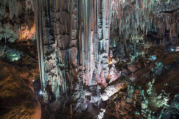 Interior of Natural Cave in Andalusia, Spain Interior of Natural Cave in Andalusia, Spain -- Inside the Cuevas de Nerja are a variety of geologic cave formations which create interesting patterns nerja caves stock pictures, royalty-free photos & images