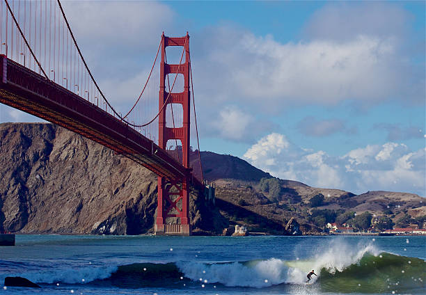 Surfing under Golden Gate Bridge stock photo