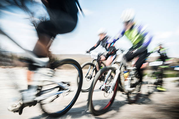 Wide angle view of mountain bike at nature and cloudy sky background. Bicycle for extreme riding and downhill