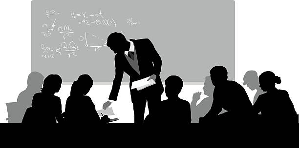 College Classroom Handouts A vector silhouette illustration of a professor handing out documents to students in a classroom.  He stands in front of a blackboard with mathmatic equations on it. learning silhouettes stock illustrations