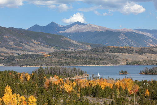 With yellow aspen and pine trees covering the hillsides, a sailboat cruises the waters of Lake Dillon or Dillon Reservoir in Summit County. The 14,000+ foot mountains of Grays (on the right) and Torreys Peaks (pyramid shaped peak in the middle rise into a blue autumn sky.