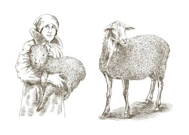 Vector illustration of Female farmer holding a lamb in his hands