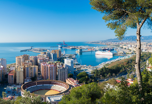 Aerial view of the city and harbour of Malaga in Andalucia, Spain