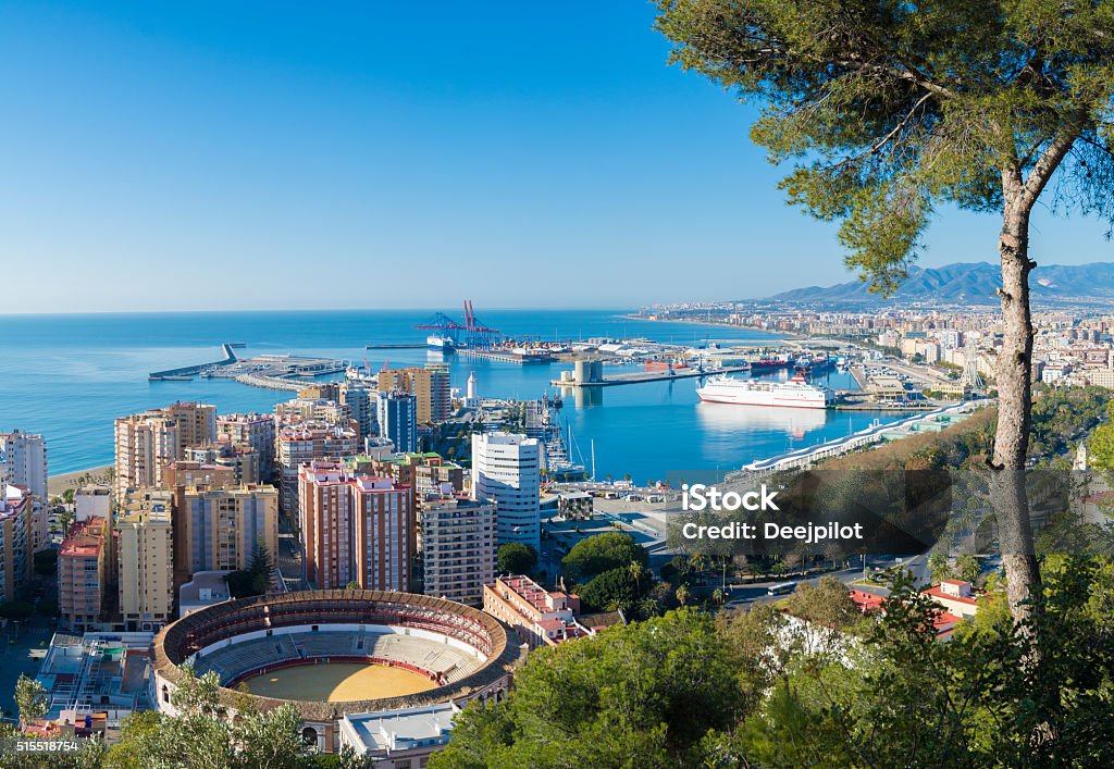 Aerial view of the city of Malaga Andalucia Spain Aerial view of the city and harbour of Malaga in Andalucia, Spain Málaga - Málaga Province Stock Photo