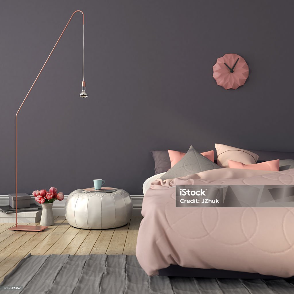 Bedroom in pink and gray color Cozy bedroom in pink and gray color with a stylish copper  floor lamp Bedroom Stock Photo