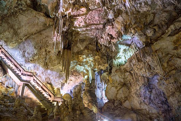 Interior of Natural Cave in Andalusia, Spain Interior of Natural Cave in Andalusia, Spain -- Inside the Cuevas de Nerja are a variety of geologic cave formations which create interesting patterns nerja caves stock pictures, royalty-free photos & images