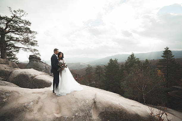istock Gorgeous bride, groom kissing and hugging near the cliffs with 515519642