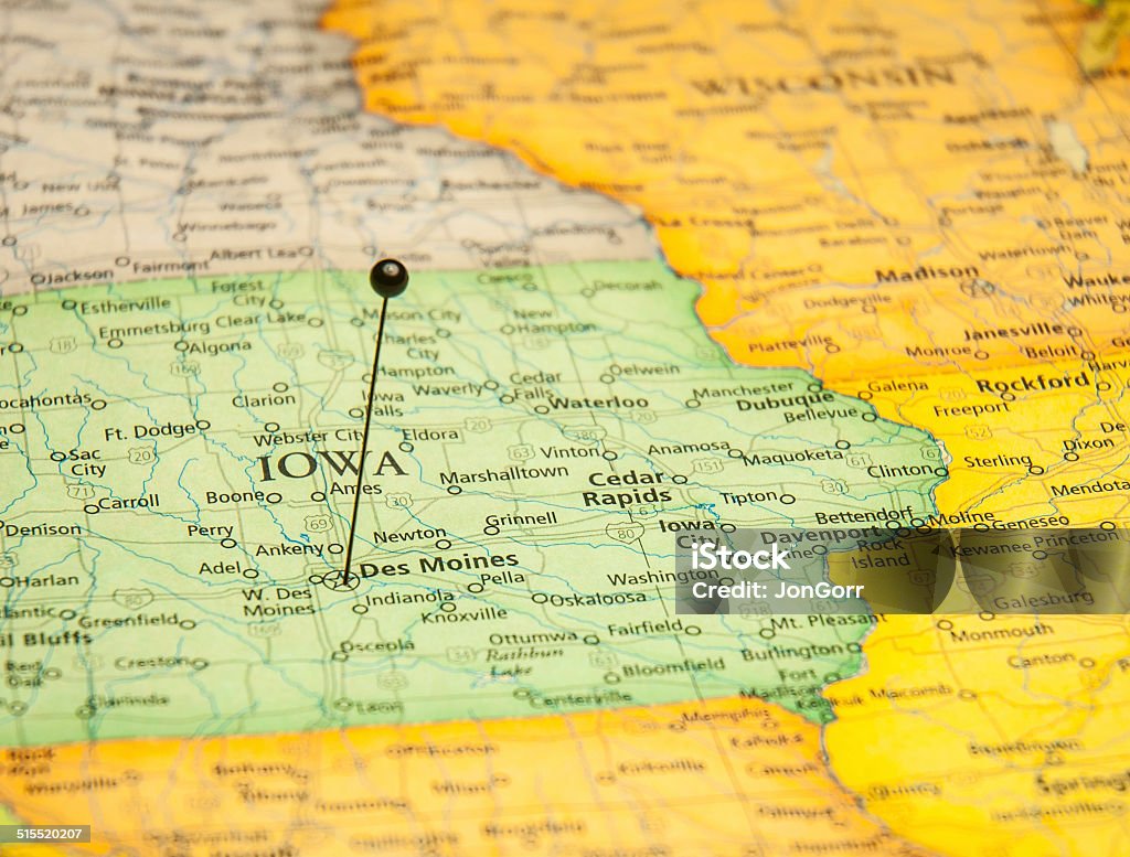 Macro Travel Road Map Of Des Moines Iowa Davenport - Iowa Stock Photo