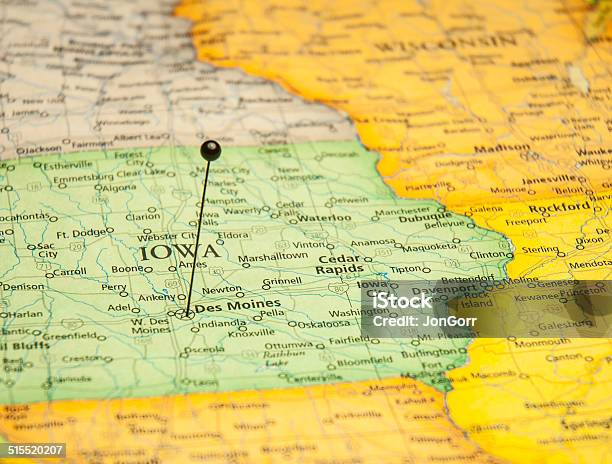 Macro Travel Road Map Of Des Moines Iowa Stock Photo - Download Image Now - Davenport - Iowa, Road Map, Map