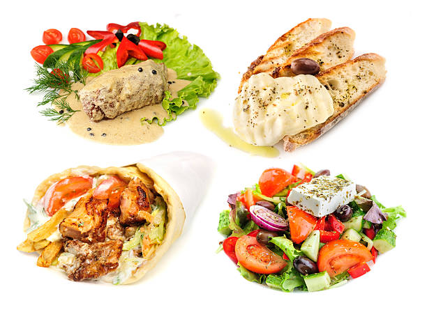 Gyros Pita, greek salad and other mediterranean fast street food, isolated on white