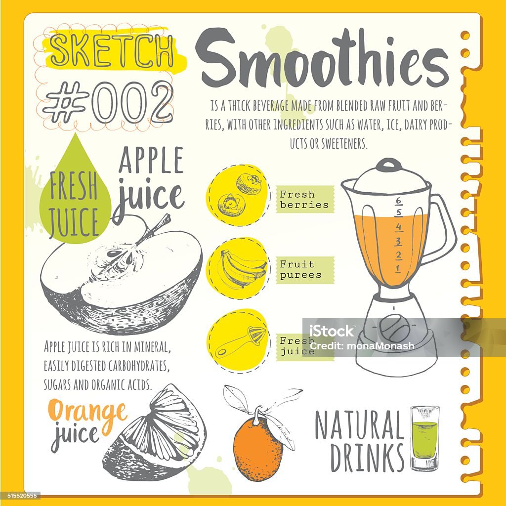 Food sketchbook. Useful drinks in sketch style. Vector funny illustration with natural juices drinks: smoothies, lemonade and kitchen equipment. Detox. Healthy lifestyle Recipe stock vector