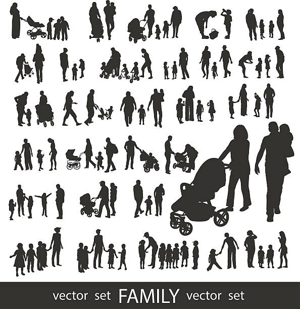 ilustrações, clipart, desenhos animados e ícones de conjunto de silhuetas de família muito pormenorizada. - silhouette white background black white