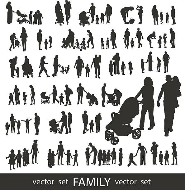 Vector illustration of Set of very detailed Family Silhouettes.
