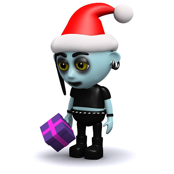 3d Punk goth Santa with a gift 3d render of a punk goth dressed as Santa holding a purple gift emo boy stock pictures, royalty-free photos & images