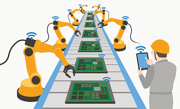 roboter hände und transportband, durch techniker - produktion tablet stock-grafiken, -clipart, -cartoons und -symbole