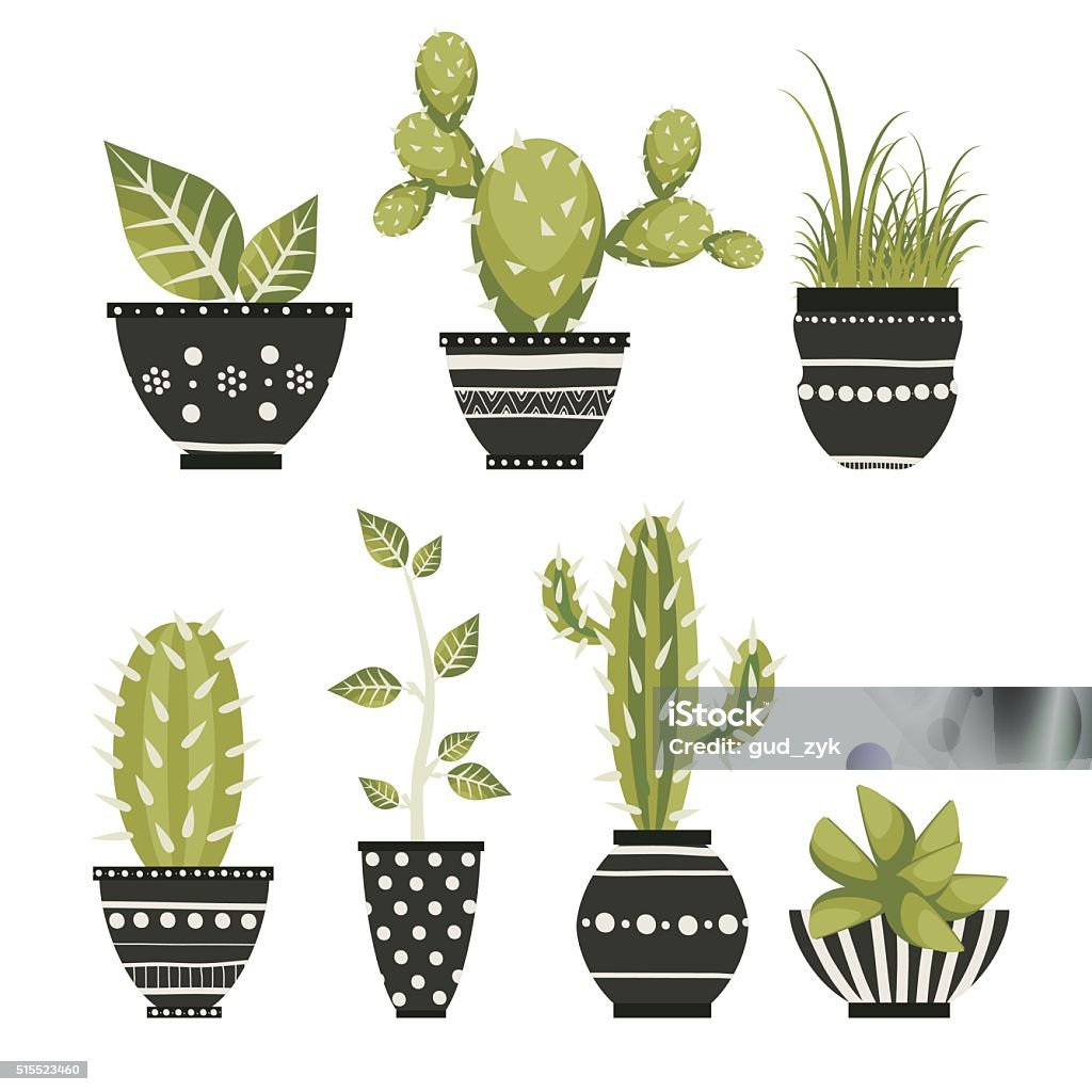 Cacti Cute cacti, flowerpots. Vector set Crock Pot stock vector