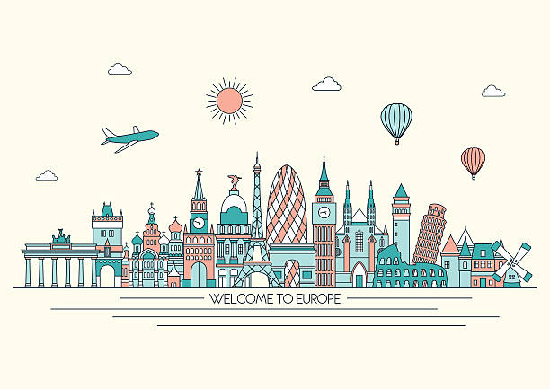 europa detaillierte die skyline. vektor-illustration. linie art-stil. - travel map famous place europe stock-grafiken, -clipart, -cartoons und -symbole