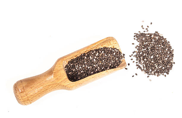 istock Nutritious chia seeds on a wooden spoon on white background 515526928