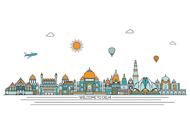 ilustraciones, imágenes clip art, dibujos animados e iconos de stock de delhi detallada de los edificios perfilados contra el horizonte. vector de fondo. de la ilustración. estilo de arte - delhi