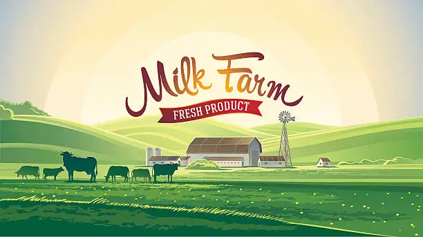 Vector illustration of Summer landscape and milk farm.