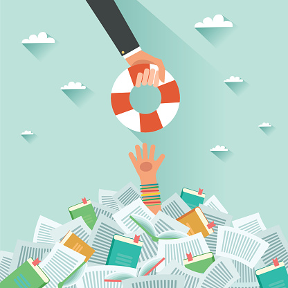 Drowning student getting lifebuoy. Pile of books and Overwhelmed student. Too much study. Student's hand drowning in books. Education concept. Vector flat colorful illustration