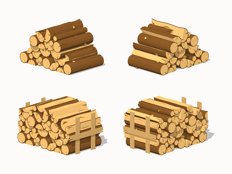 Firewood stacked in piles. 3D lowpoly isometric vector illustration. The set of objects isolated against the white background and shown from different sides