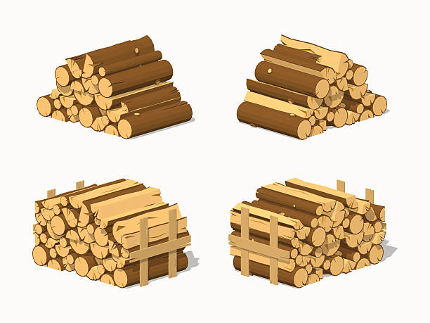 Low poly firewood stacked in piles Firewood stacked in piles. 3D lowpoly isometric vector illustration. The set of objects isolated against the white background and shown from different sides firewood stock illustrations