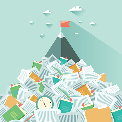 A mountain sticking out from a pile of book and papers. Concept of succeeding through hard working and learning. Vector colorful illustration in flat style