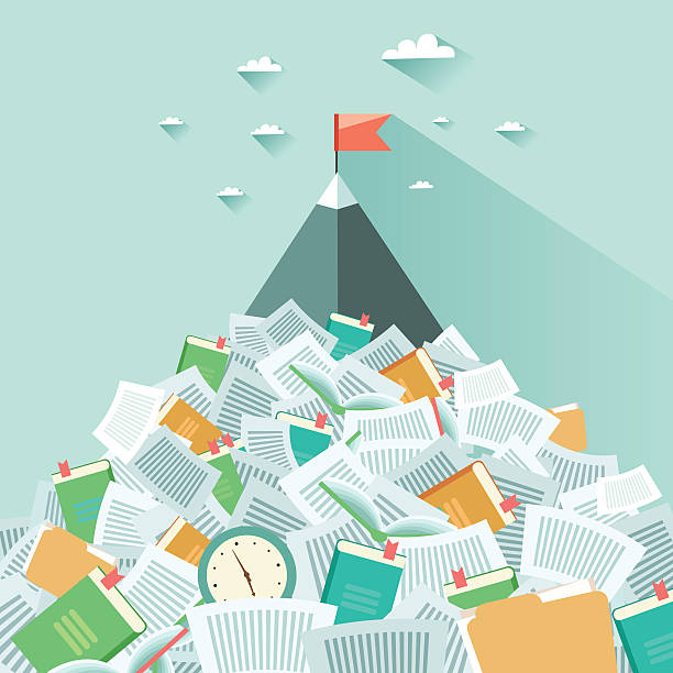 Mountain sticking out from a pile of book and papers A mountain sticking out from a pile of book and papers. Concept of succeeding through hard working and learning. Vector colorful illustration in flat style stack of papers stock illustrations