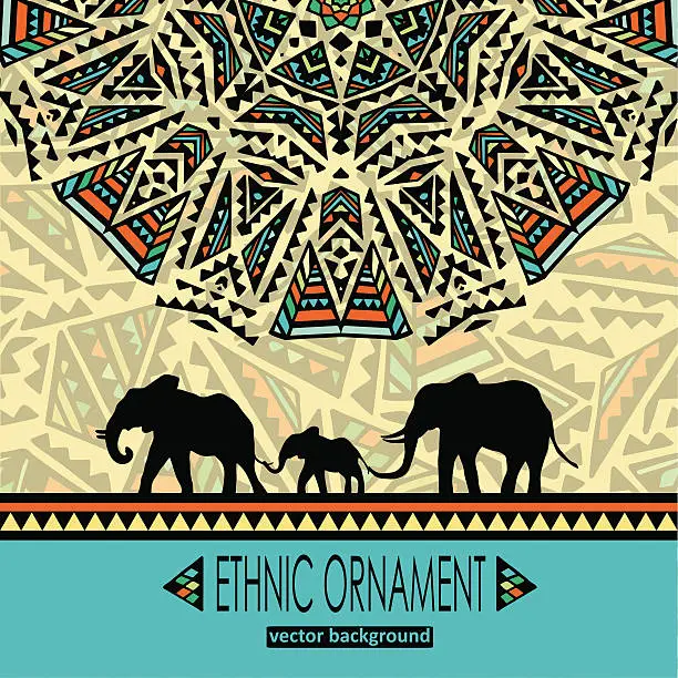 Vector illustration of Ethnic decorative ornament with a family of elephants