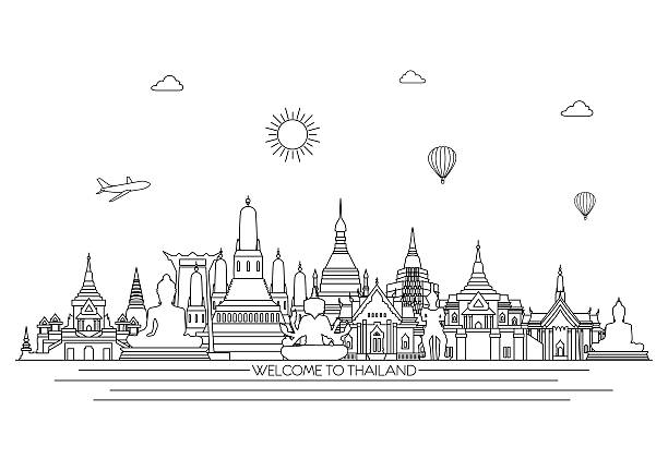 thailand detaillierte die skyline. vektor hintergrund. linie illustrationen. linie art-stil - bangkok thailand asia temple stock-grafiken, -clipart, -cartoons und -symbole