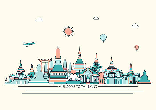 illustrazioni stock, clip art, cartoni animati e icone di tendenza di tailandia dettagliata sullo skyline. vettoriale illustrazione sfondo linea. linea arte di stile - thailand thai culture travel buddha