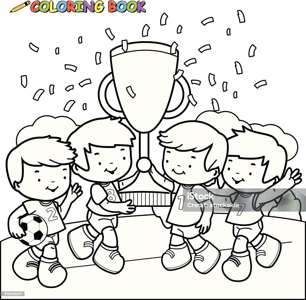 Coloring book soccer kids winners Vector Illustration of a black and white outline image of three little soccer player winner boys cheering and holding the cup at the football field. Coloring stock vector