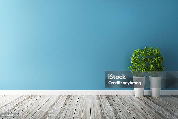 White Flower Plot And Blue Wall Interior Stock Photo - Download Image Now - Blue, Built Structure, Cabinet