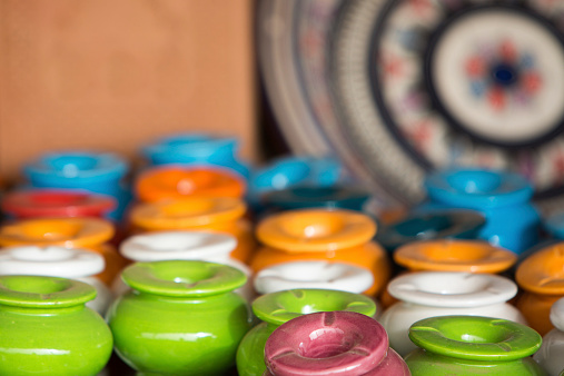 Small coloured ashtrays - Handcrafts shot at the market in Morocco