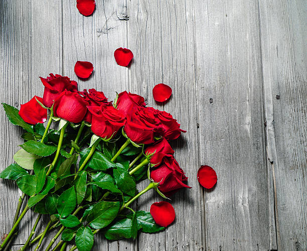 rose rosse su sfondo in legno. - dozen roses immagine foto e immagini stock