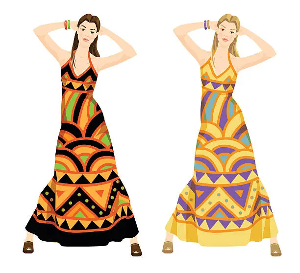 Vector illustration of Hippie girl in dress with ethnic ornament.