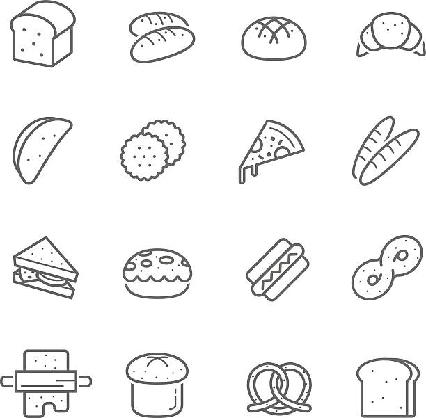 ilustrações, clipart, desenhos animados e ícones de linhas conjunto de ícones-pão e padaria - bun bread cake dinner