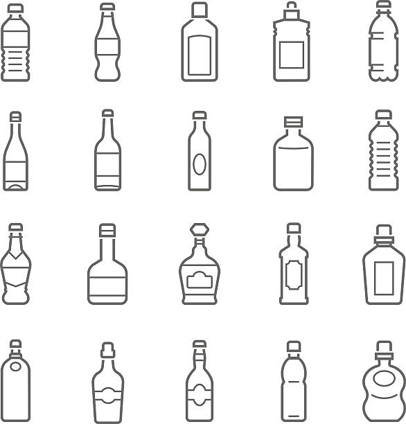 ilustraciones, imágenes clip art, dibujos animados e iconos de stock de conjunto de iconos de líneas de botella y bebidas - bottle