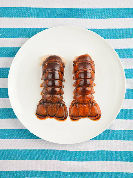 Two lobster tails on plate top view Two lobster tails on plate top view on striped texture tail fin stock pictures, royalty-free photos & images