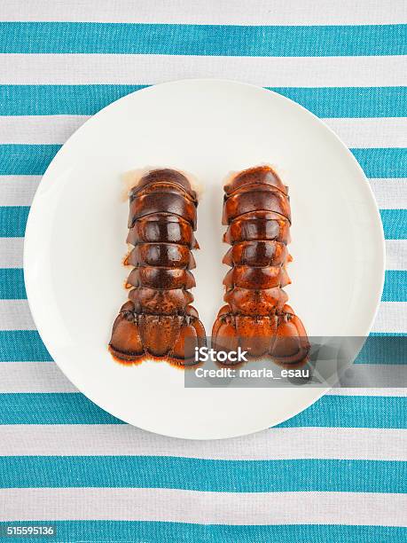 Two Lobster Tails On Plate Top View Stock Photo - Download Image Now - Lobster - Animal, Lobster - Seafood, Tail