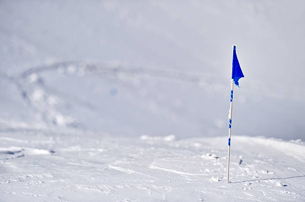 istock Blue flag on a mountain in winter 515596670